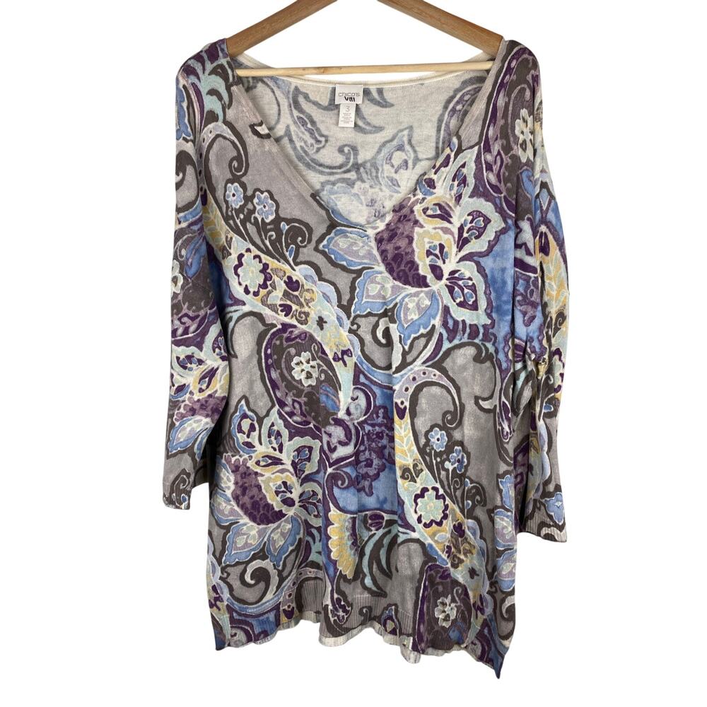 Chico's Women's 3 Gray‎ Purple Blue Floral V-Neck Lightweight Pullover Sweater *